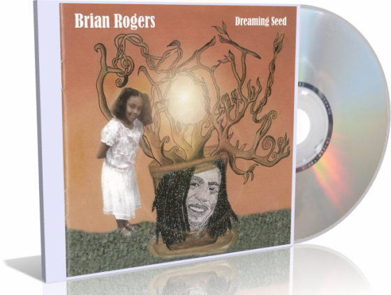 Dreaming Seed album cover, artistic tree, little girl, Brian Rogers drawing, orange-red background